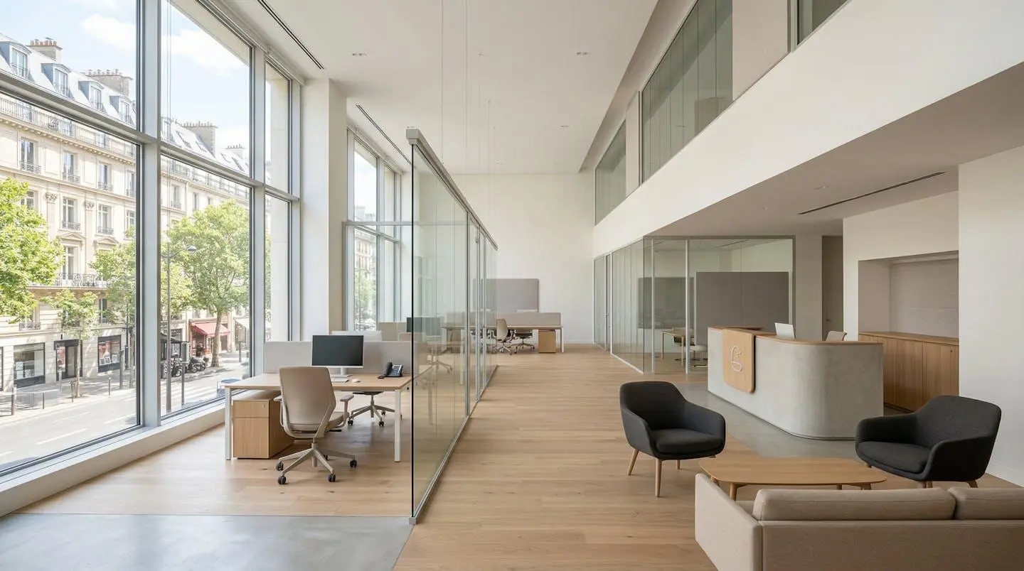 Intérieur d'une agence bancaire moderne avec de grandes baies vitrées laissant entrer la lumière naturelle, espace vide et épuré