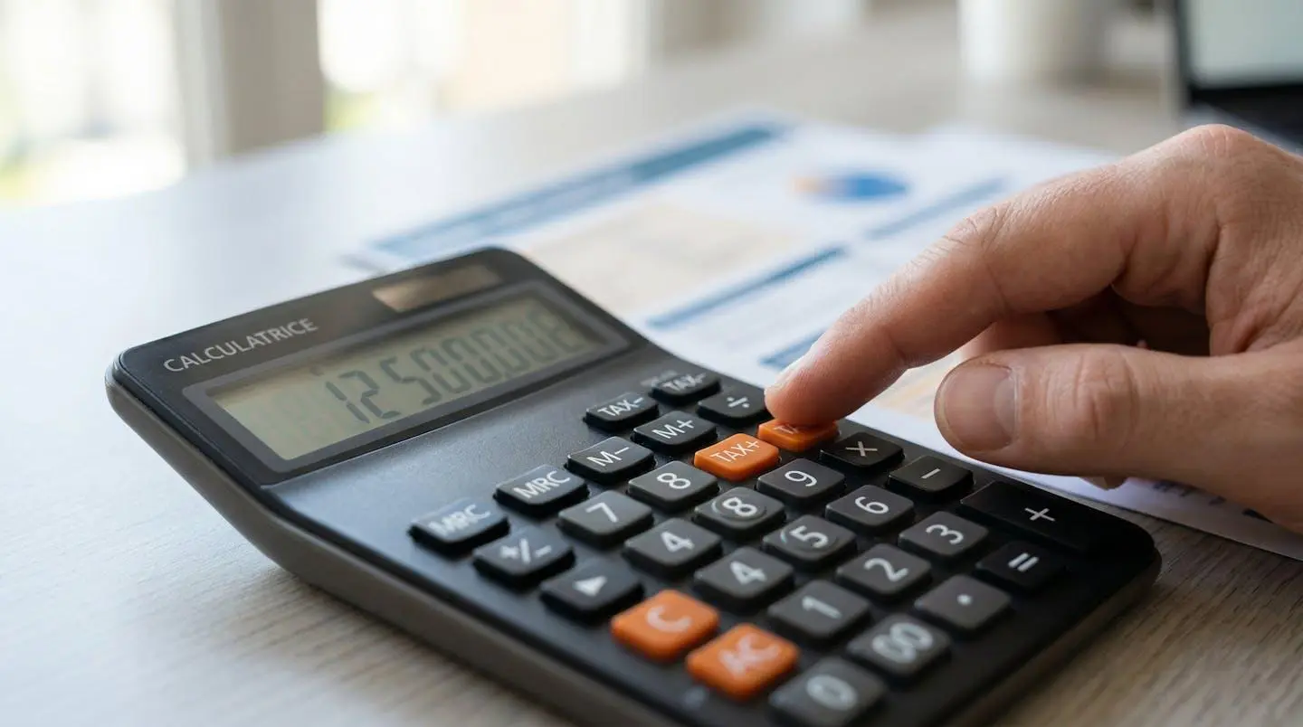 Gros plan sur une calculatrice moderne avec des documents de simulation de prêt partiellement visibles et floutés en arrière-plan