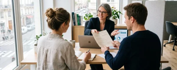 Un couple vu de dos consulte un conseiller dans un bureau lumineux avec un ordinateur portable sur la table