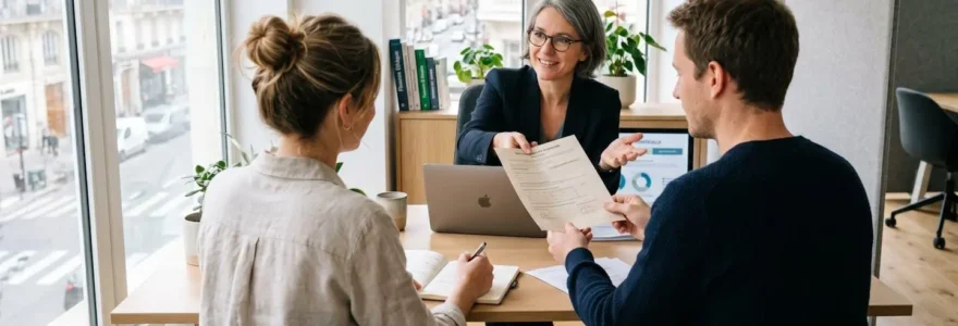 Un couple vu de dos consulte un conseiller dans un bureau lumineux avec un ordinateur portable sur la table