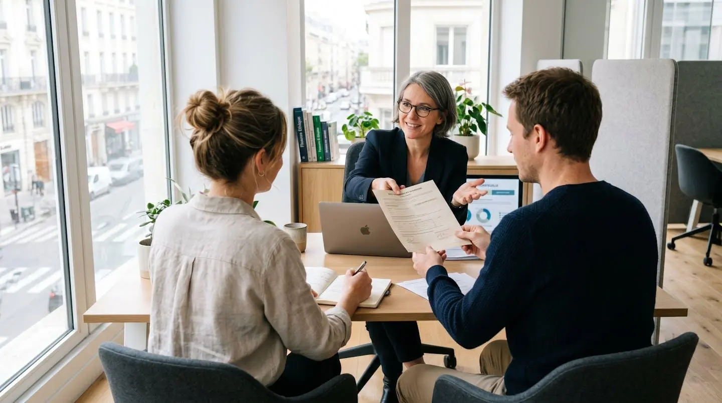 Un couple vu de dos consulte un conseiller dans un bureau lumineux avec un ordinateur portable sur la table